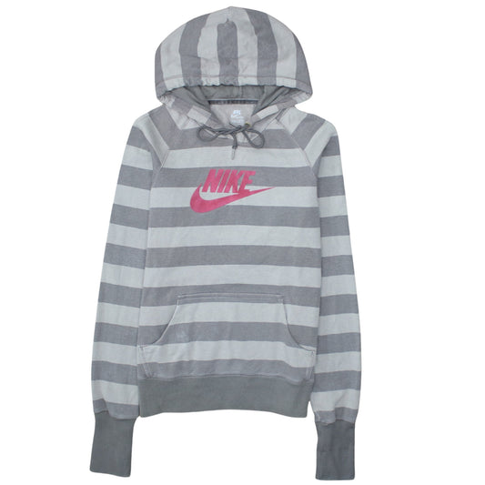 Nike Women Grey Striped Pullover Hoodie Size 14/16 Drawstring Graphic Logo
