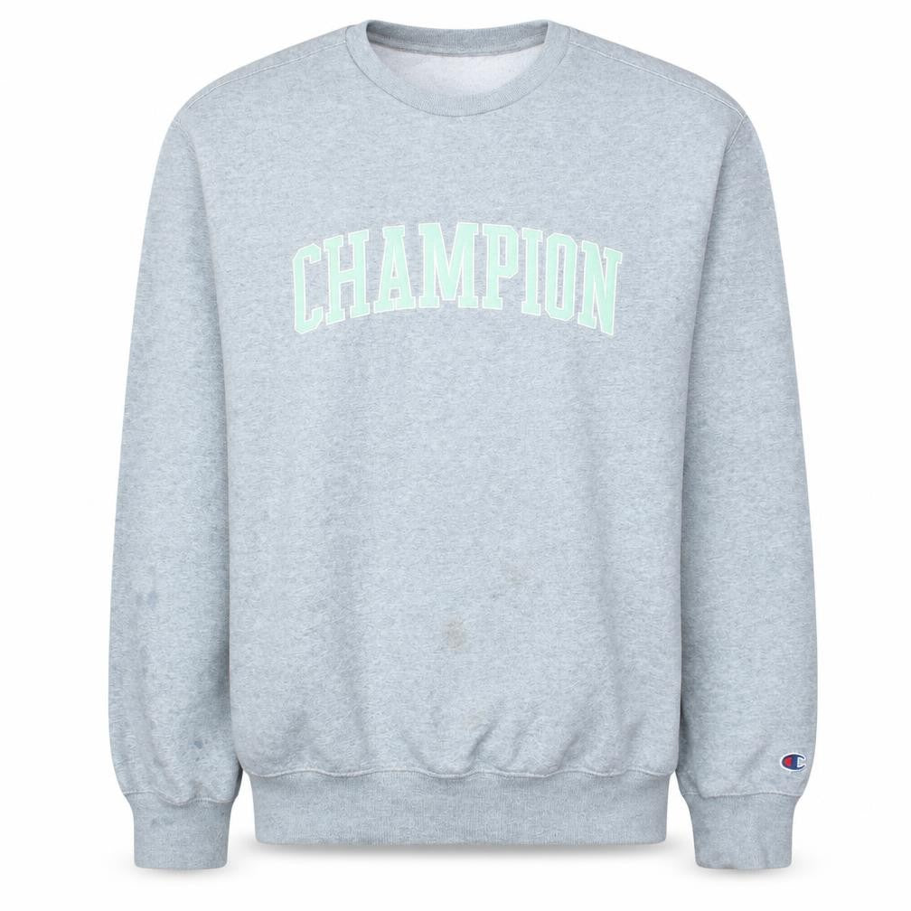 Front view of Champion men’s grey xl pullover crew neck logo sweatshirt