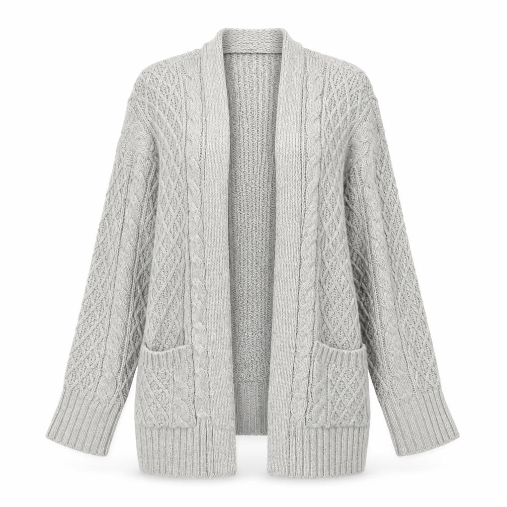 Front view of Next Women’s Grey Cable Knit Open Cardigan Medium Wool Blend