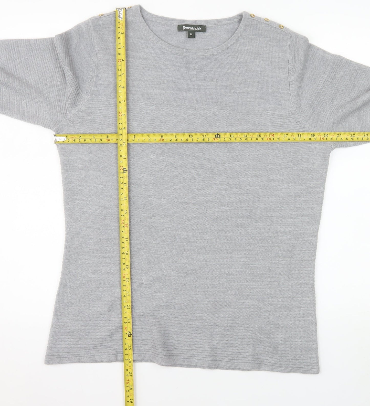 Bonmarché Women Grey Size 16 Crew Neck Button Pullover Jumper
