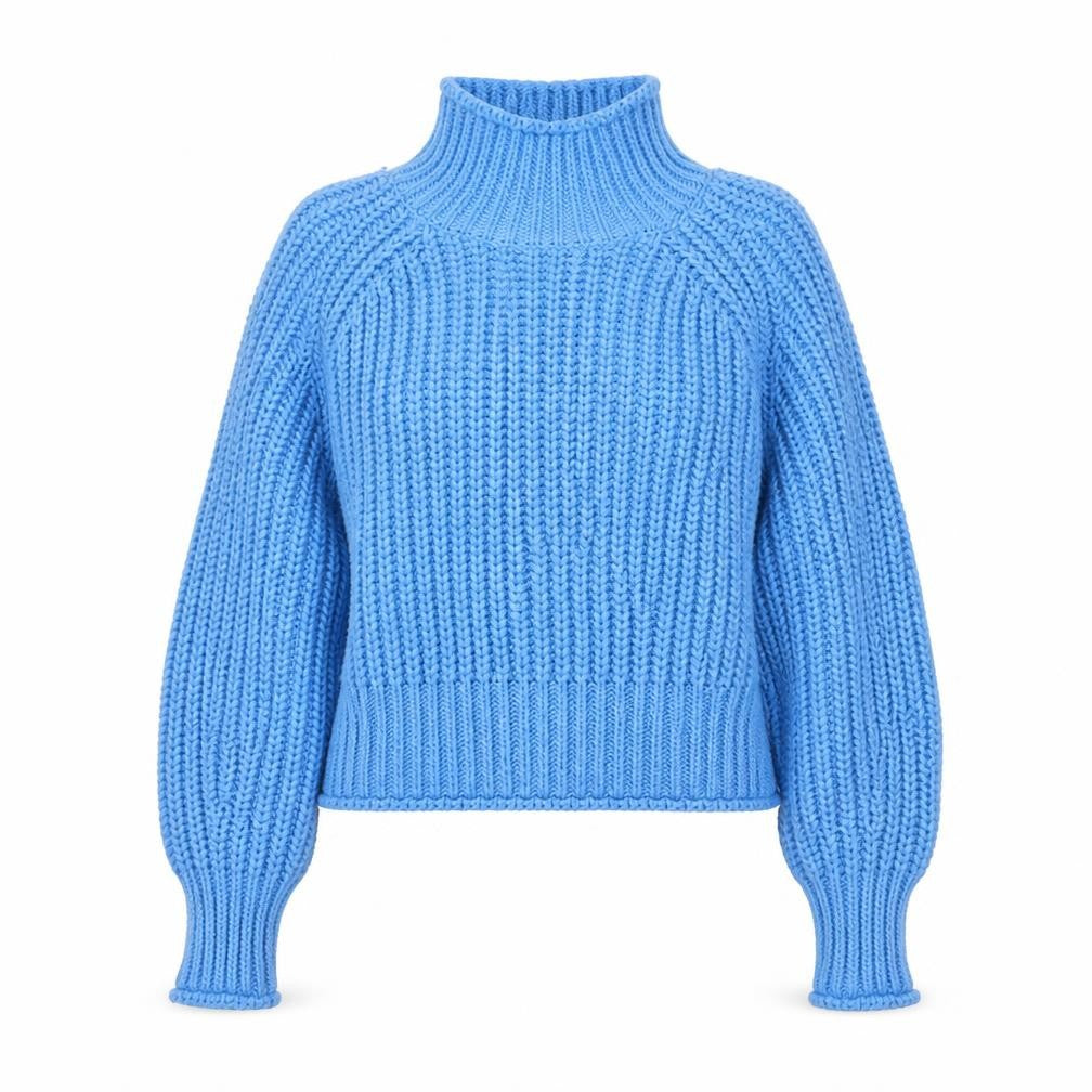 Front view of H&M women’s blue roll neck chunky-knit jumper, size UK 12
