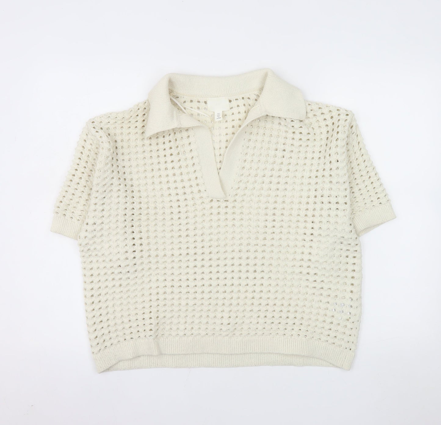 H&M Men Ivory Open-Knit Collared Short Sleeve Polo Jumper L
