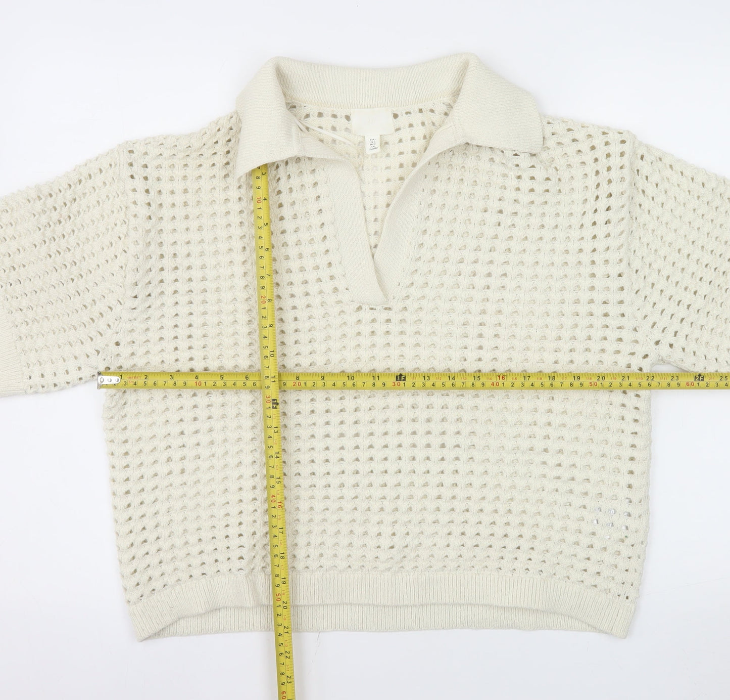 H&M Men Ivory Open-Knit Collared Short Sleeve Polo Jumper L