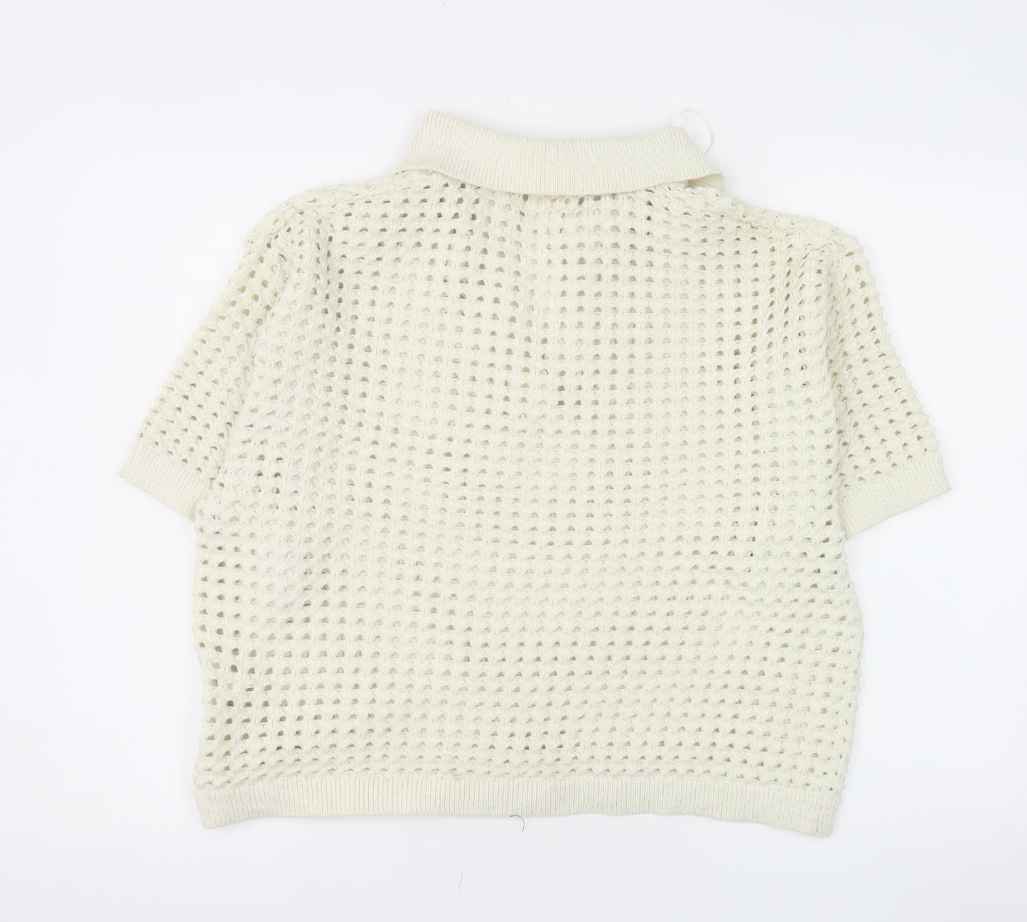 H&M Men Ivory Open-Knit Collared Short Sleeve Polo Jumper L