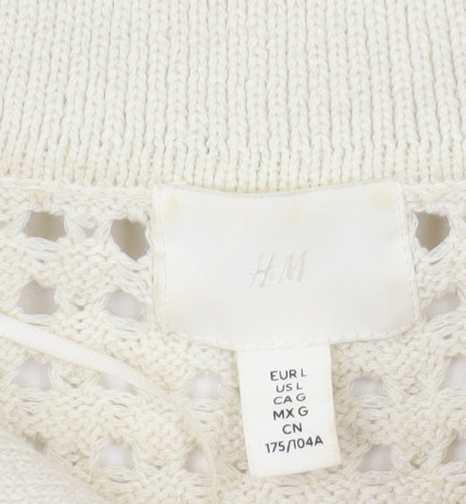 H&M Men Ivory Open-Knit Collared Short Sleeve Polo Jumper L