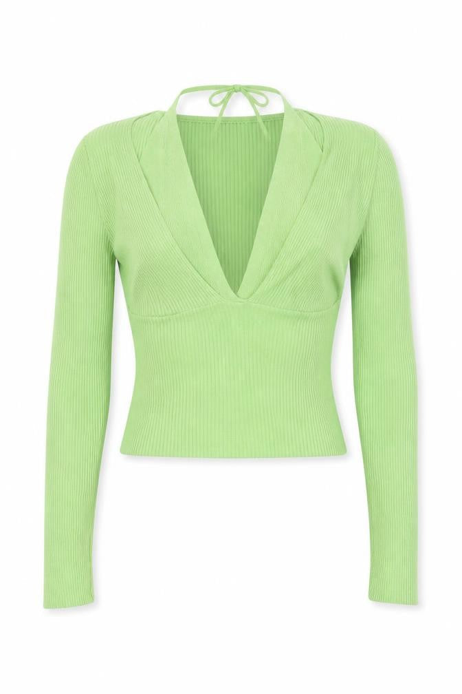 Topshop Women’s Green Ribbed V-Neck Cropped Long Sleeve Top S