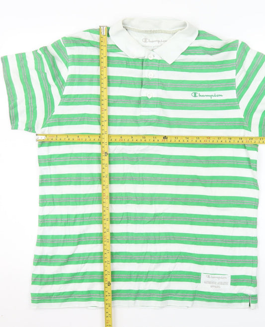 Champion Men's Green Striped Polo Shirt Medium Cotton