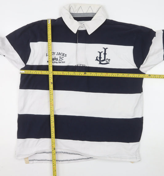 Lazy Jacks Men's Blue White Striped Rugby Polo Shirt L Long Sleeve Cotton