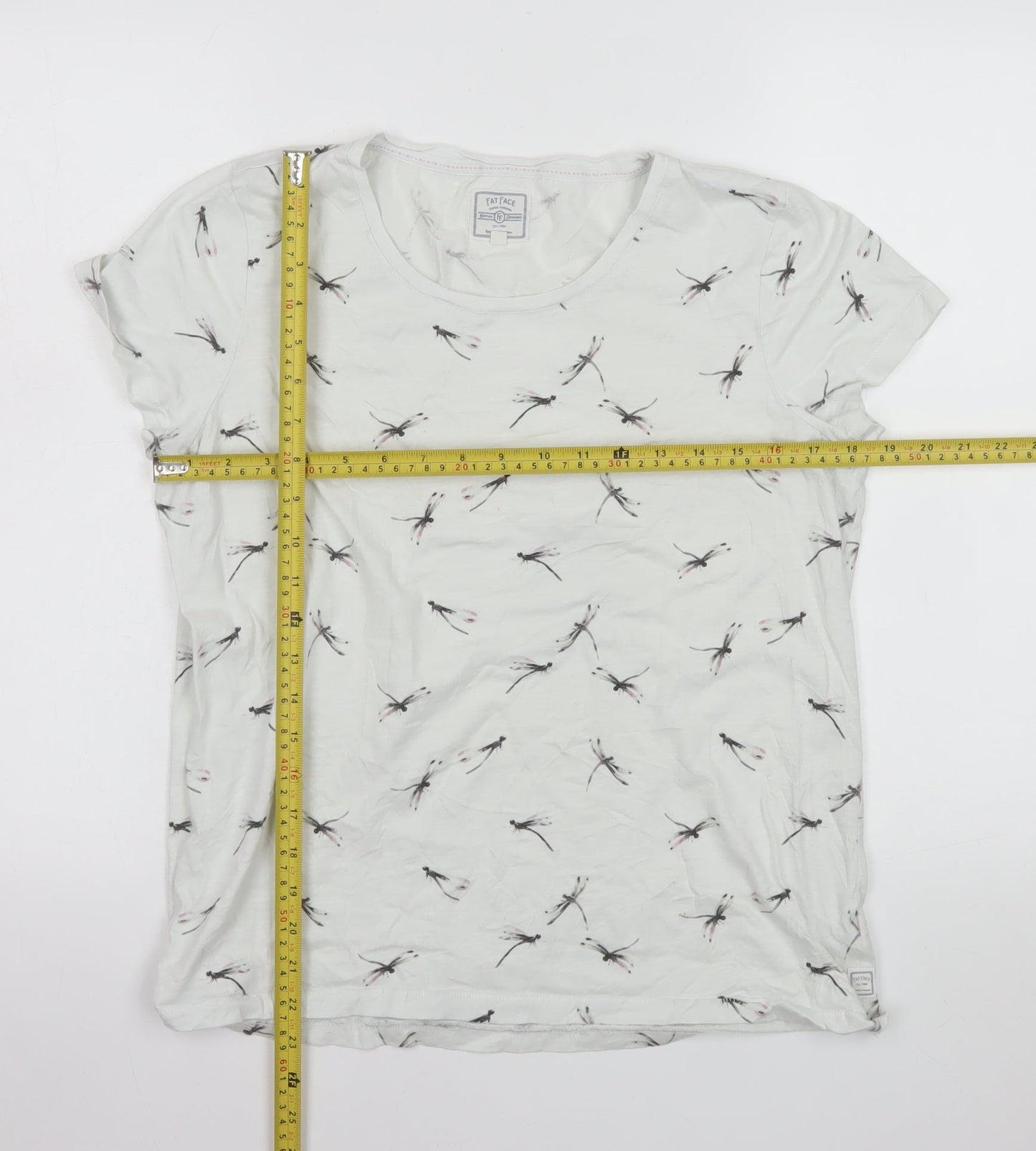 Fat Face Women's White Dragonfly Print Cotton T-Shirt Size 14