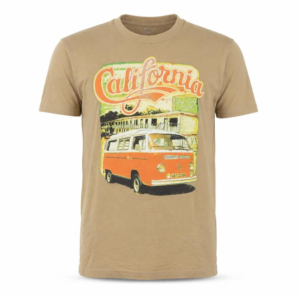 Front view of Spainzatime Men's Beige California Graphic Cotton T-Shirt M Retro Style