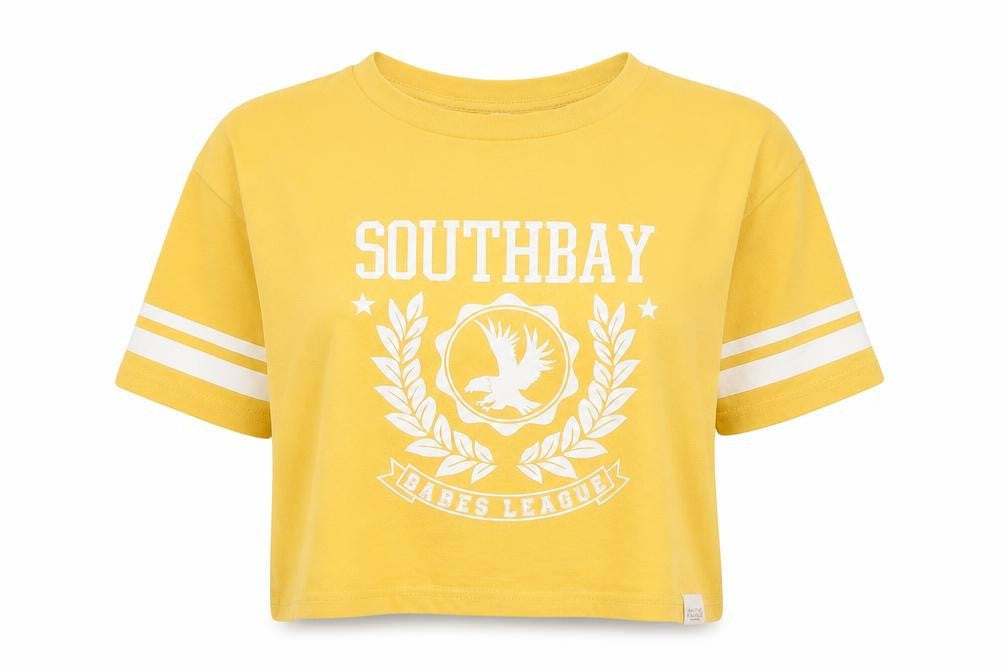 Front view of Pull&Bear women’s yellow cropped t-shirt, size UK 10, relaxed fit