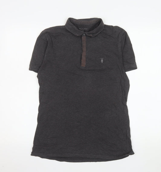 AllSaints Men's Black Slim Fit Short Sleeve Cotton Polo Shirt Size S