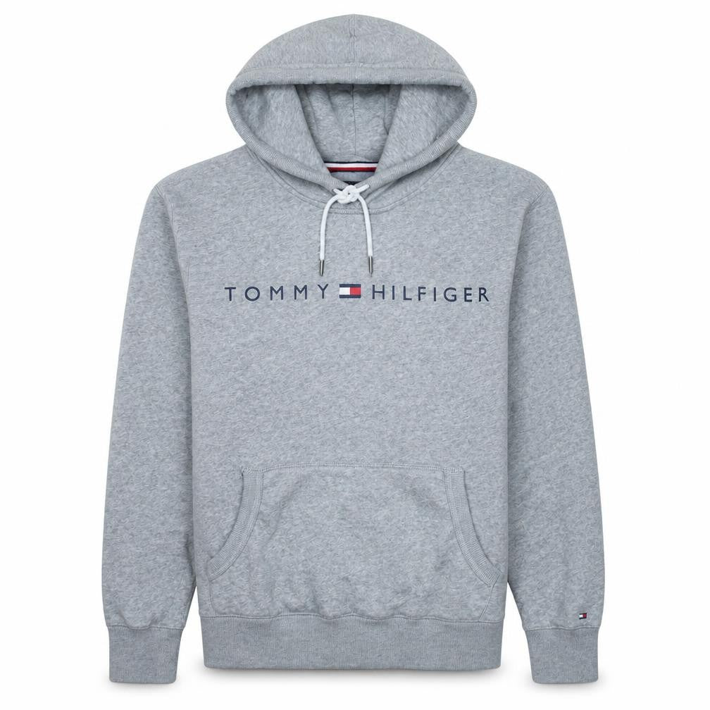 Front view of Tommy Hilfiger Men's Grey Pullover Hoodie, size S, Regular Fit