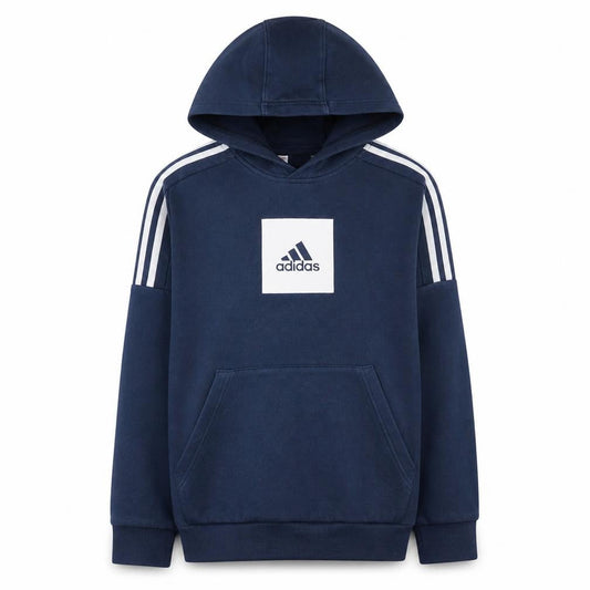 Adidas Boys Blue Pullover Hoodie with Logo and Striped Sleeves - Size 12-13 Years