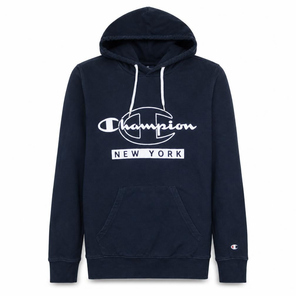 Front view of Champion boys’ black small pullover hoodie new york logo graphic print