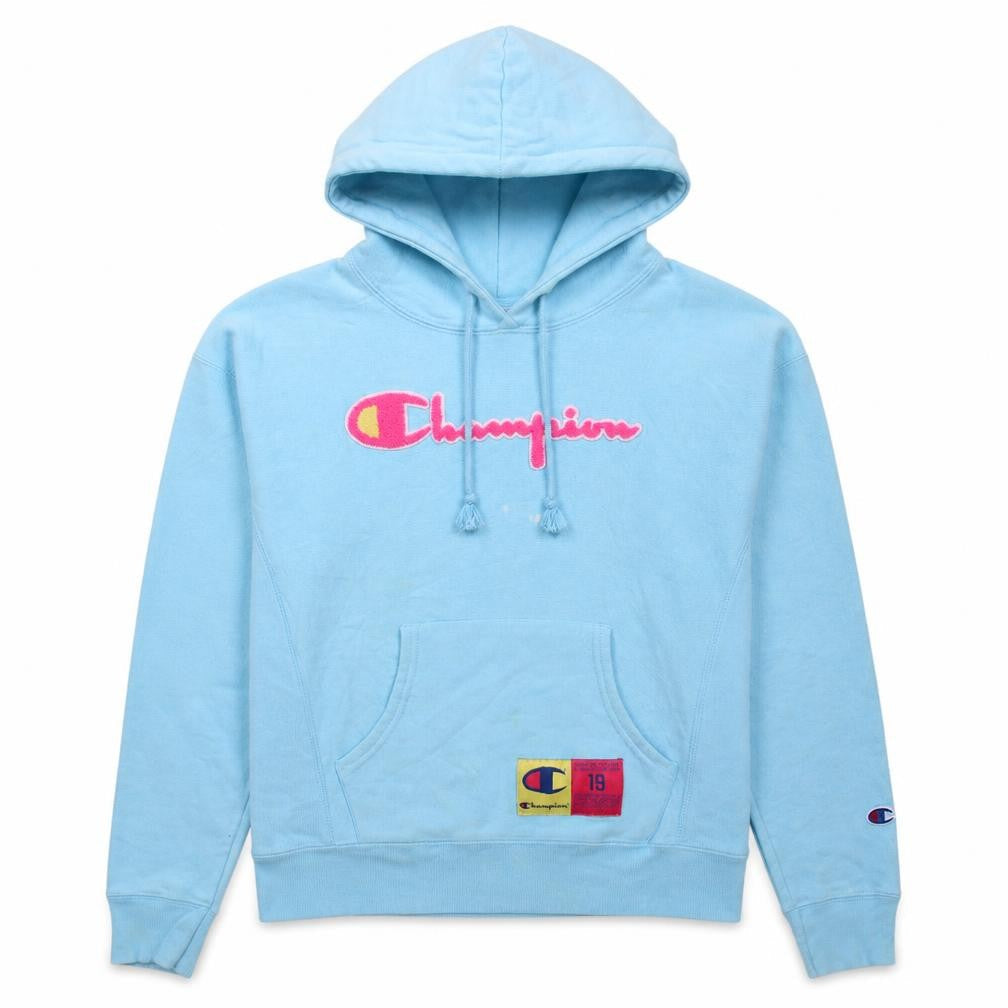 Front view of Champion women’s blue small pullover hoodie reverse weave cotton blend
