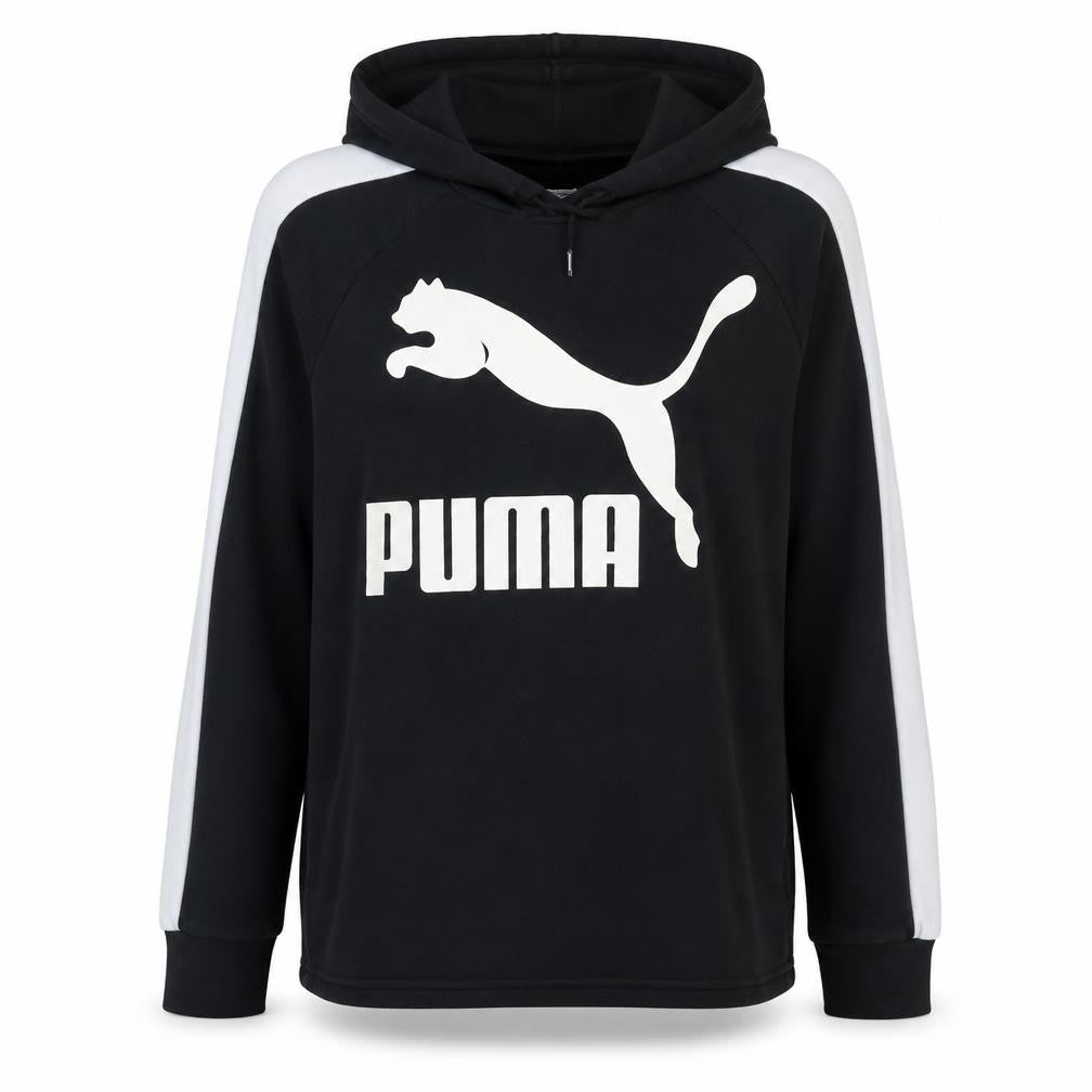 Front view of Puma Women's Black Logo Pullover Hoodie, size 14, Lined Cotton Blend