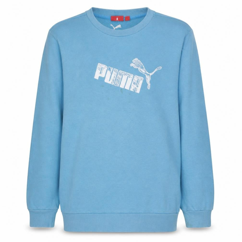 Front view of Puma boys’ blue pullover sweatshirt logo crew neck, size 14, years