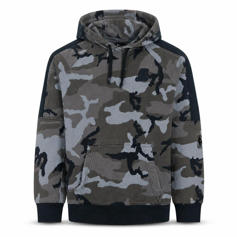 Front view of Nike NBA Men's Grey Camouflage Pullover Hoodie, size M
