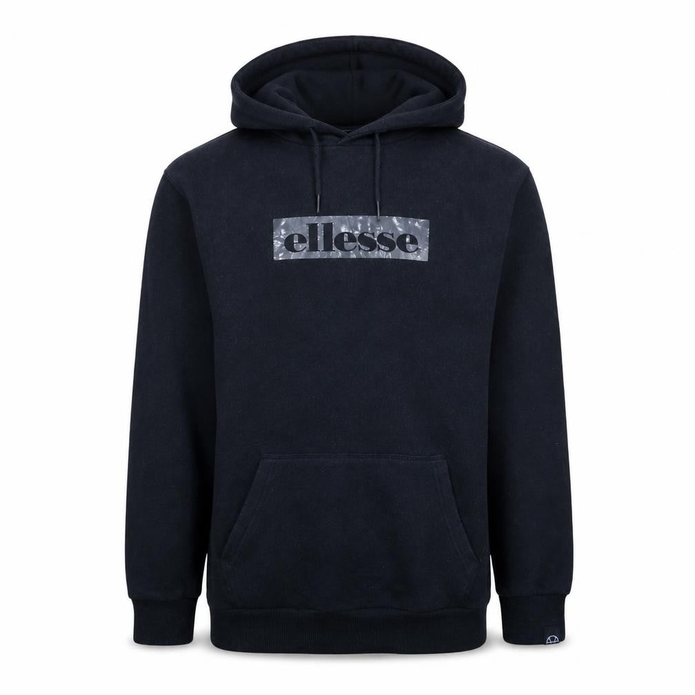 Front view of Ellesse men’s black pullover hoodie small logo fleece sweatshirt