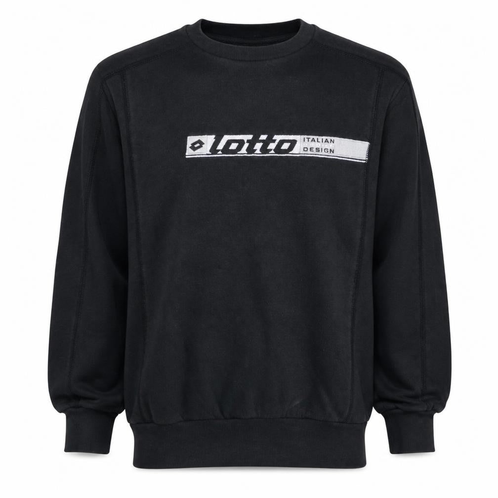 Front view of Lotto men’s black logo pullover sweatshirt, size M, italian design