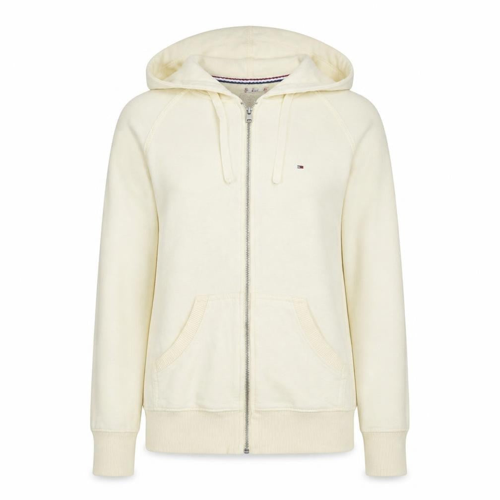 Front view of Tommy Hilfiger Denim Women's Beige Full Zip Hoodie, size M