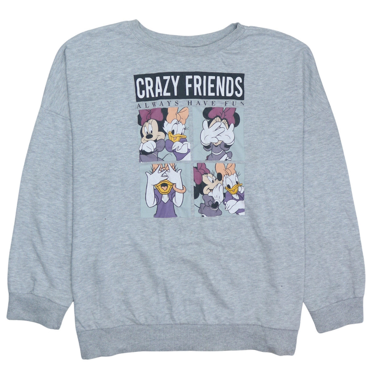 Front view of Disney women’s grey minnie & daisy crazy friends sweatshirt xl
