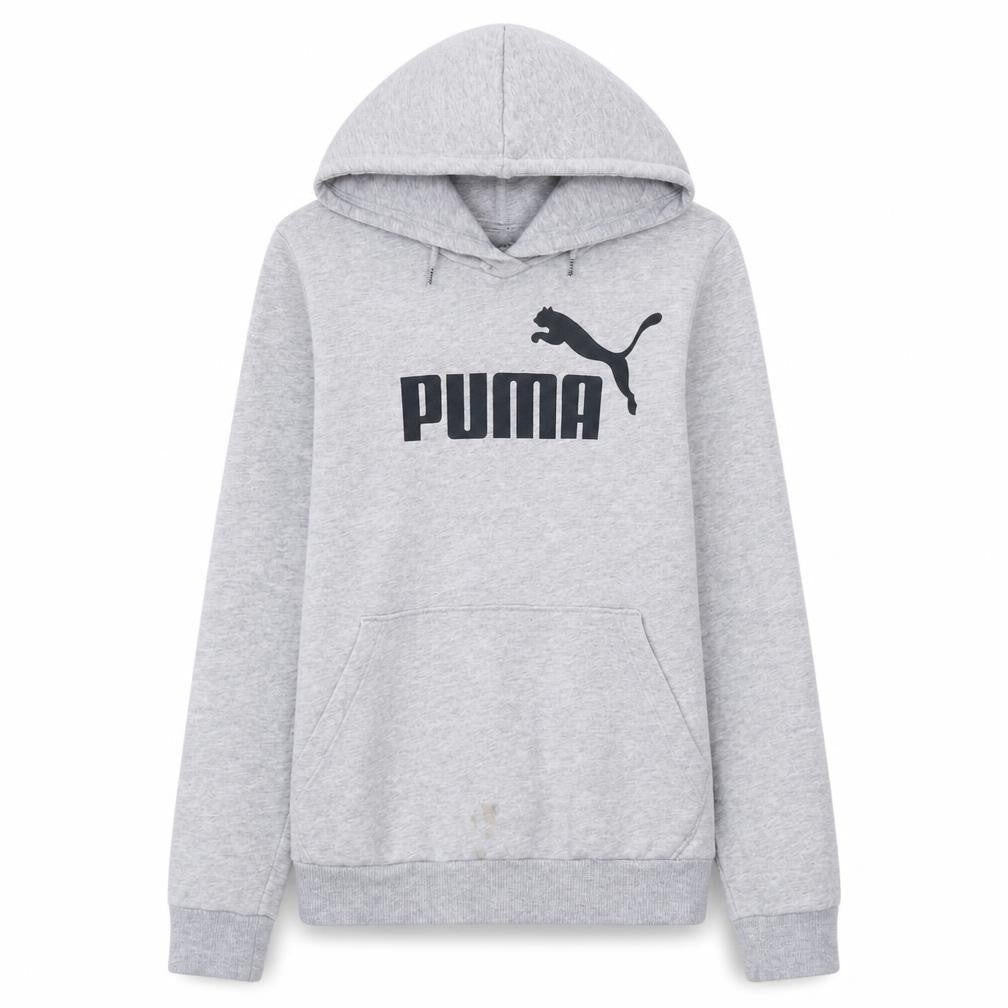 Front view of Puma Women Grey Hooded Pullover Hoodie UK 8 with Logo Print