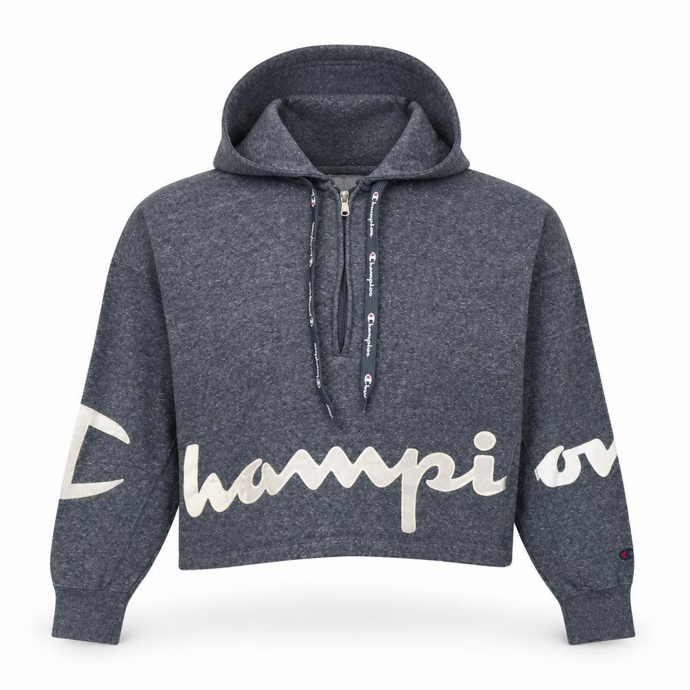 Front view of Champion Women’s Grey 1/4 Zip Hoodie Small Cotton Logo Print