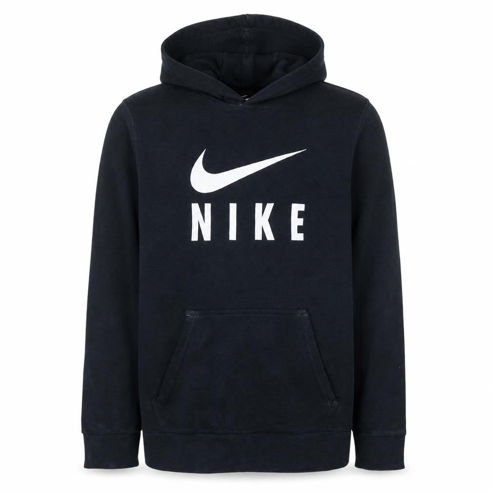 Front view of Nike boys’ black xl pullover hoodie with logo print 13-15 years