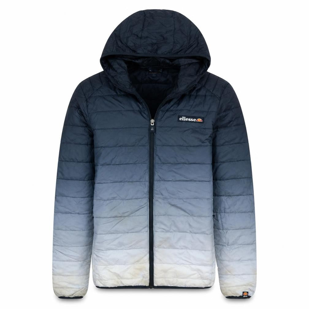 Front view of Ellesse Men's Blue Hooded Puffer Jacket, size M, Lightweight Casual