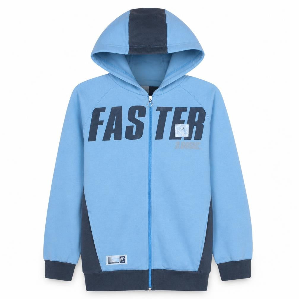 Front view of Nike boys’ blue full zip hoodie xl 16 years faster graphic hooded sweatshirt