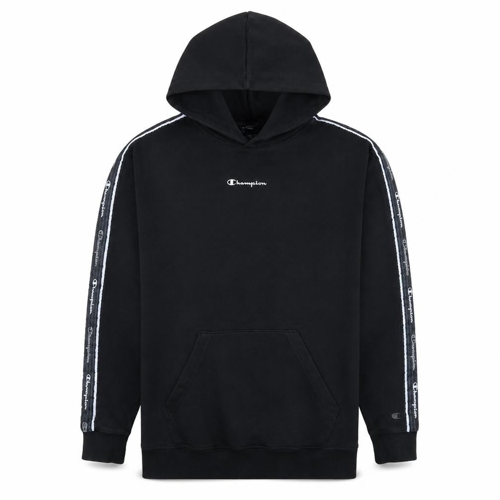 Front view of Champion Men's Black Small Pullover Hoodie with Logo Tape Detail