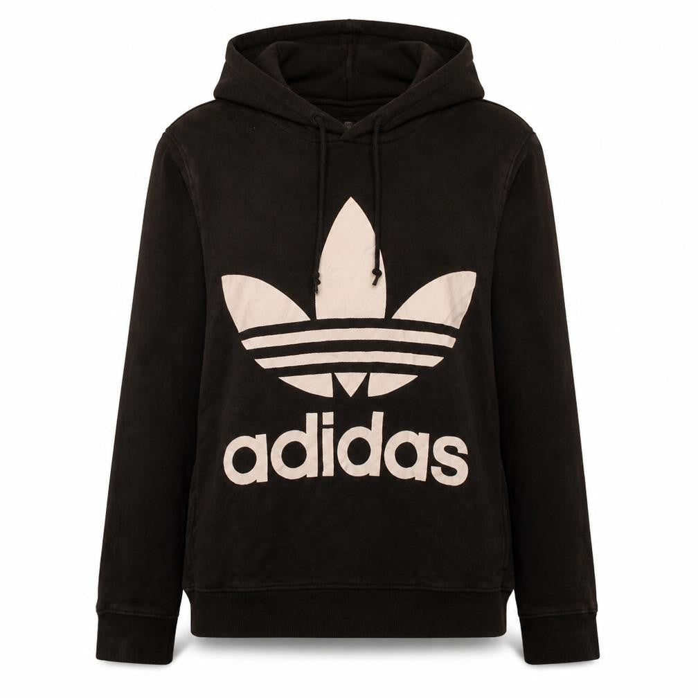 Adidas Women Black Hooded Pullover Hoodie UK 12 Logo Print Cotton Blend