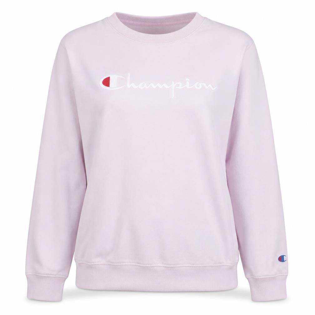 Front view of Champion Women's Pink Crew Neck Pullover Sweatshirt Large