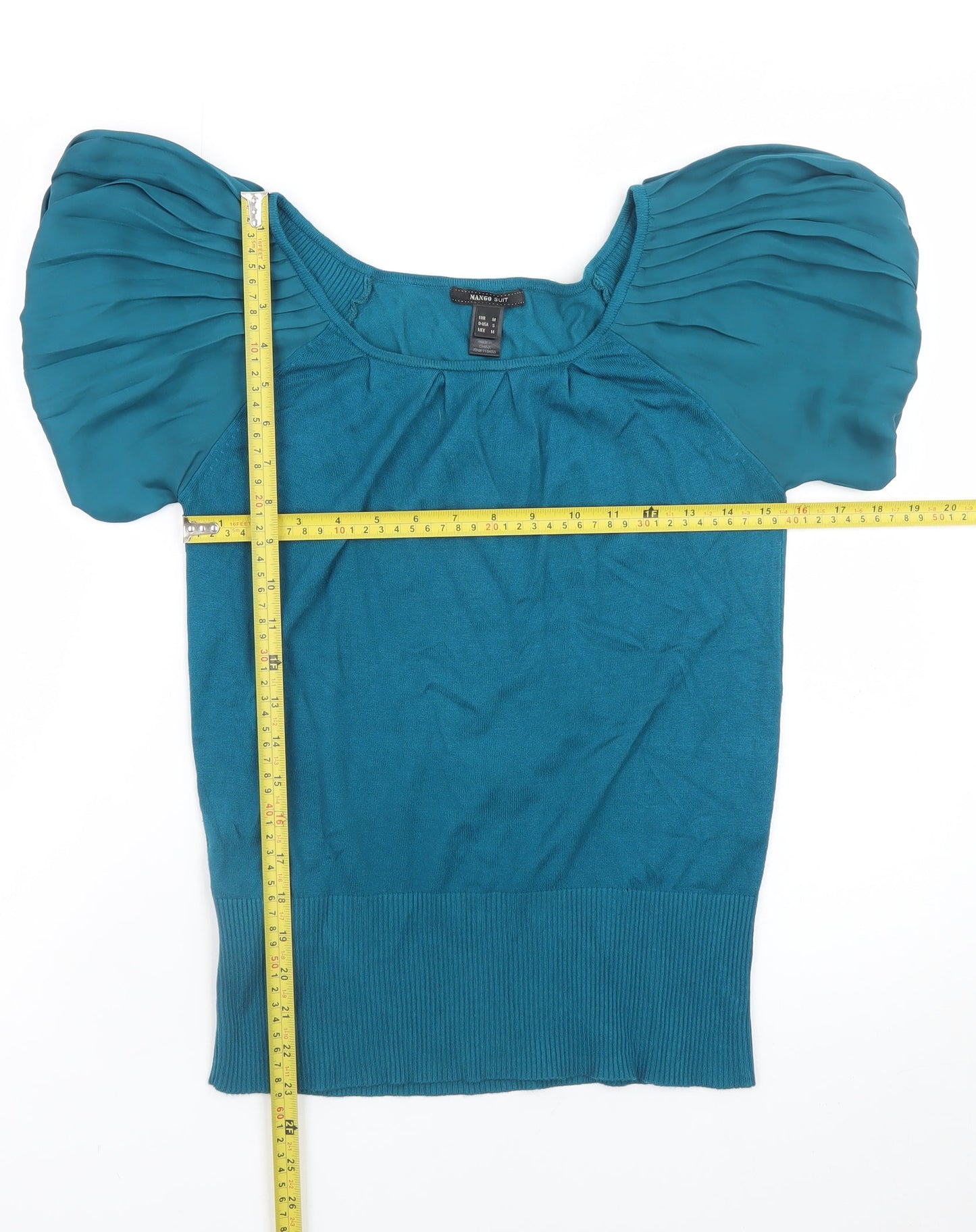 Mango Women Blue Puff Sleeve Knit Blouse Size 12