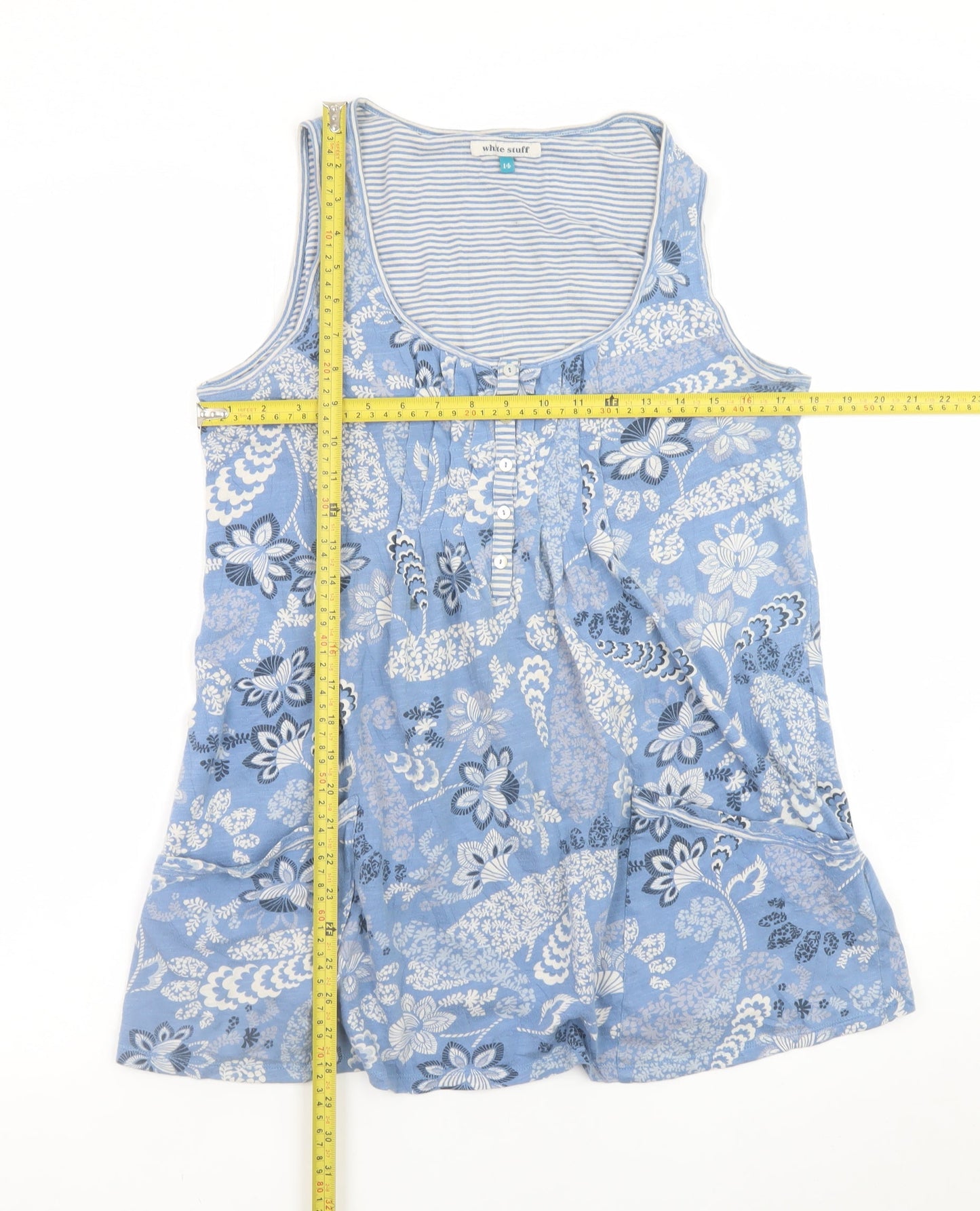 White Stuff Women's Blue Floral Cotton Sleeveless Camisole Top Size 14