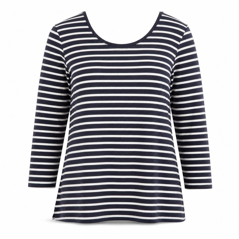 Front view of Boden Women Blue White Striped 3/4 Sleeve Cotton Jersey Top UK12