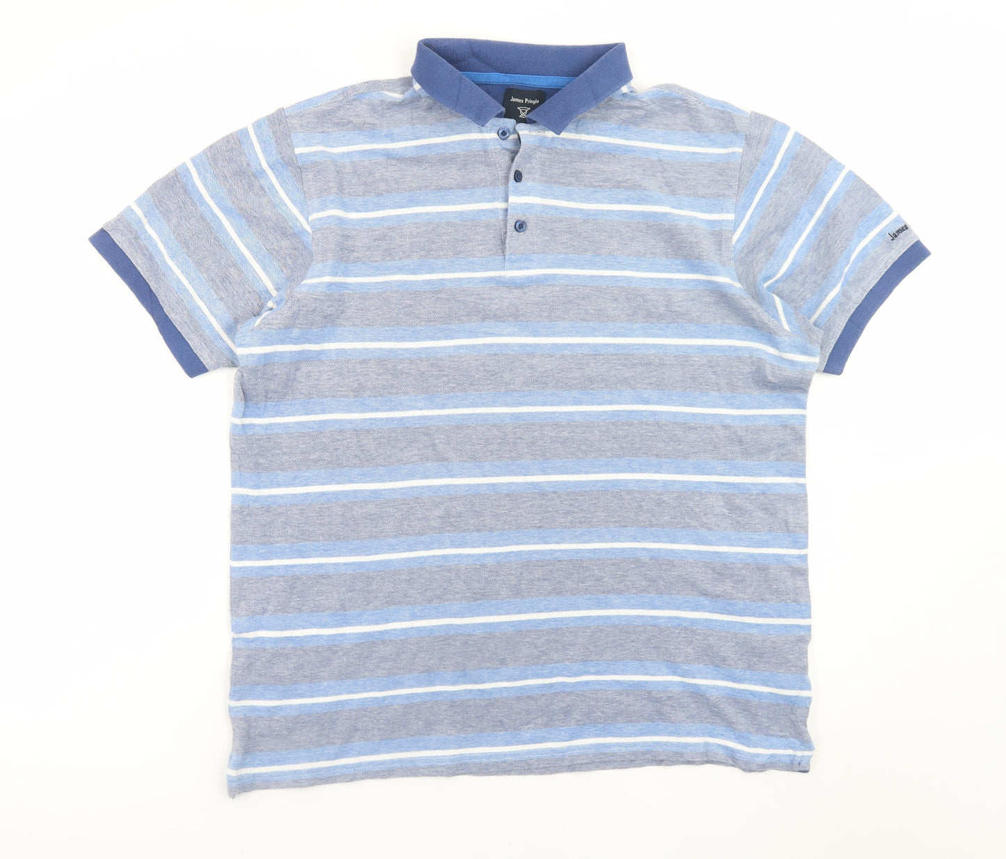 James Pringle Men's Blue Striped Cotton Polo Shirt Size M