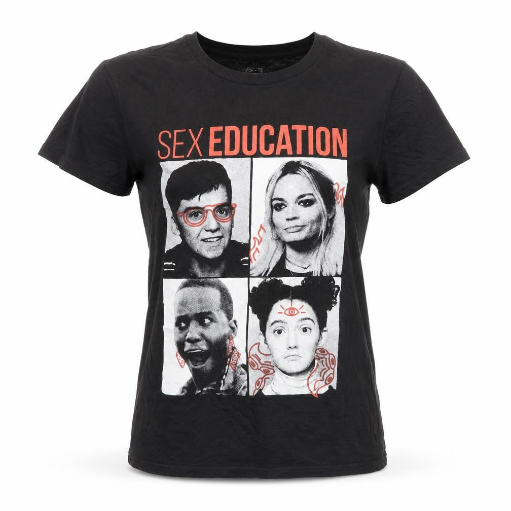 Front view of Sex Education Black Cotton Women's S Graphic Crew Neck T-Shirt