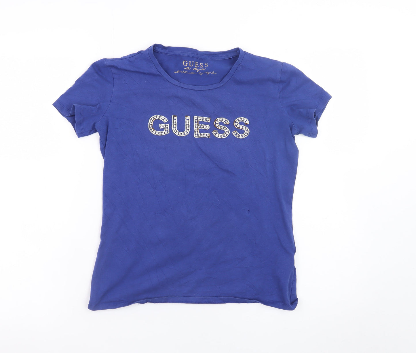 Guess Womens Blue Rhinestone Logo Slim Fit T-Shirt Size 6