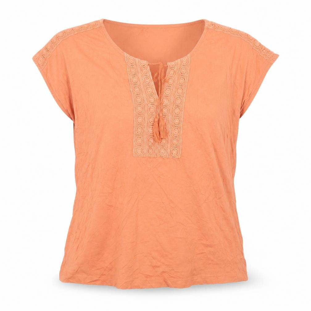 Front view of Damart Women Orange Cotton Crochet Trim Tunic Blouse, size L