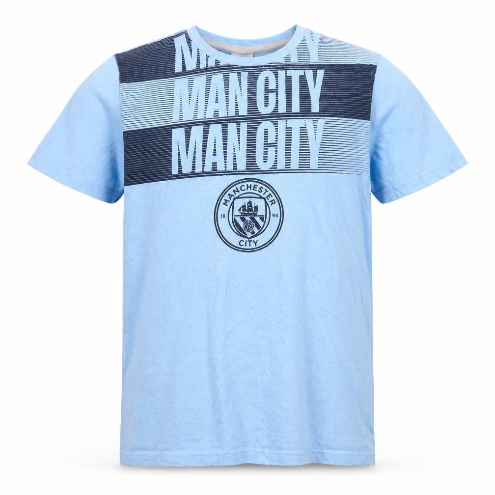 Front view of Manchester City boys’ blue 13-14 years cotton football graphic t-shirt