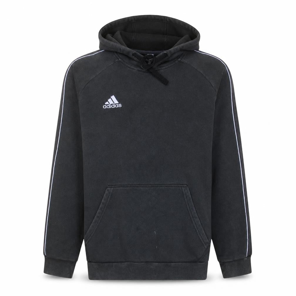 Front view of Adidas men’s black pullover hoodie l hooded fleece sweatshirt
