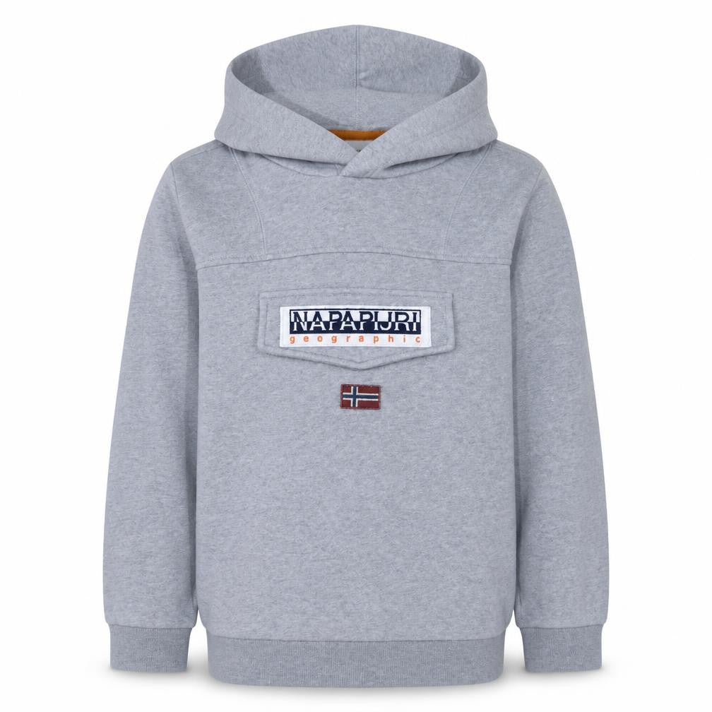 Front view of Napapijri boys’ grey hooded pullover sweatshirt, size 14, years logo design
