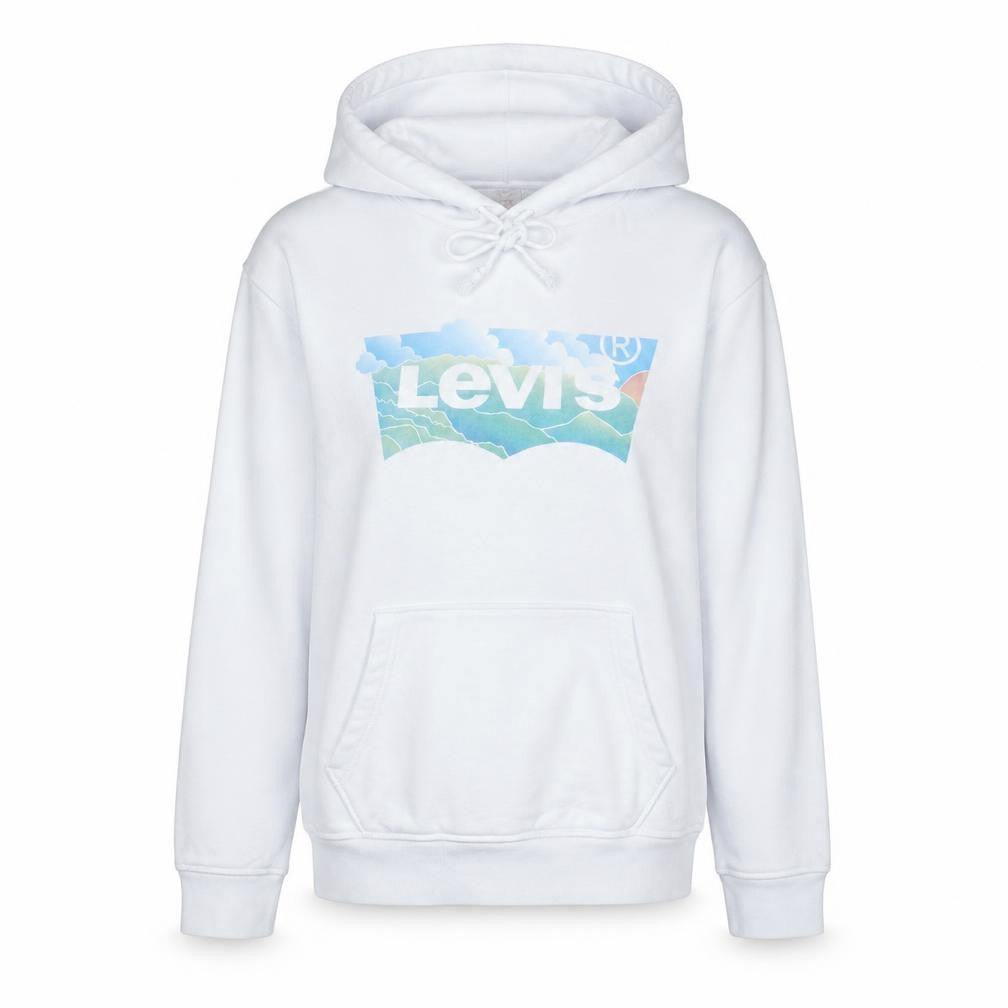 Front view of Levi's Women White Small Pullover Hoodie Graphic Print Drawstring