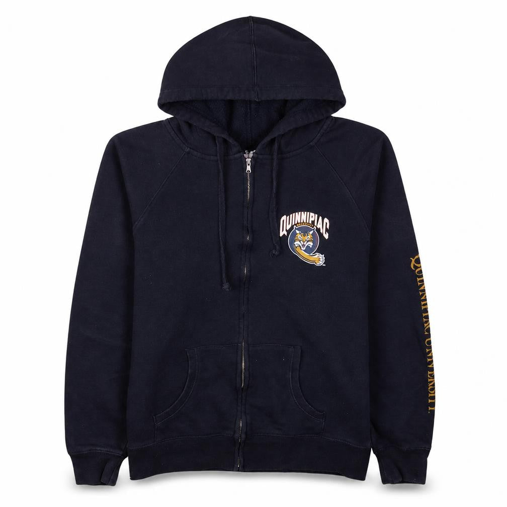 Front view of Champion men’s blue full zip hoodie m quinnipiac university fleece