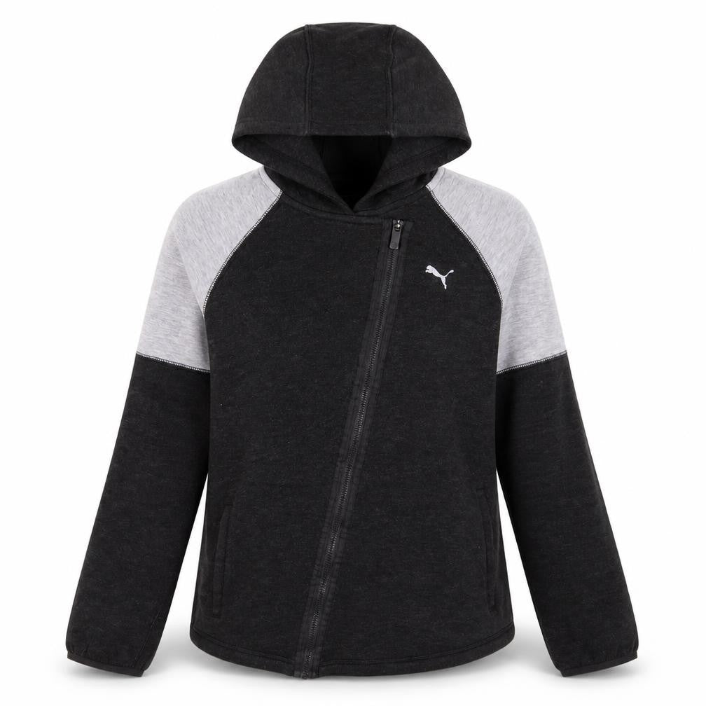 Front view of Puma Women Black Grey Full Zip Hoodie, size 12, Cotton Blend