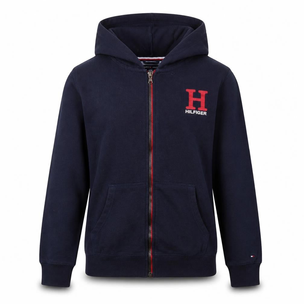 Front view of Tommy Hilfiger boys’ blue full zip hoodie, size 16, years hooded sweatshirt