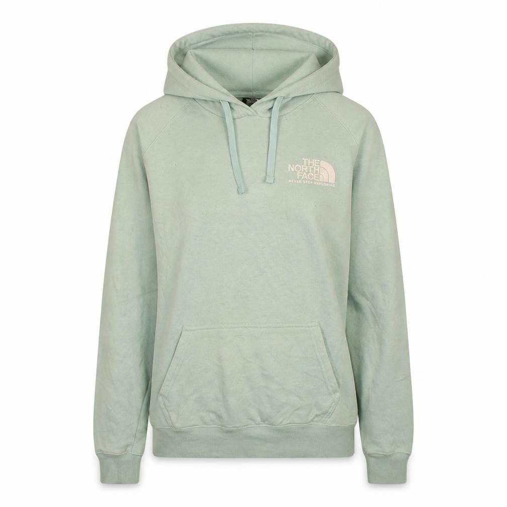 Front view of The North Face women’s green pullover hoodie, size M, logo print